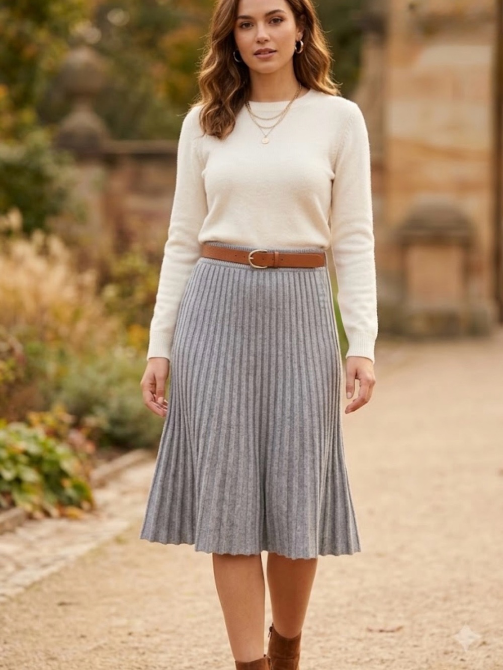 Ribbed Pleated Knit Midi Skirt - Gray